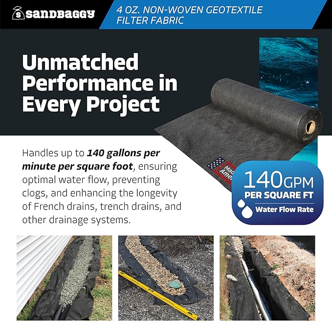 Heavy-Duty Sandbaggy Non-Woven Geotextile Landscape Fabric Roll Made in USA Lightweight Weed Barrier UV Protected 100 Lb Tensile Strength French Drain Erosion Control (5 ft x 100 ft Roll)