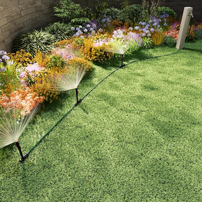 Flexible Sprinkler System Above Ground DIY Irrigation Kit Multi-Adjustable Lawn Sprinkler Set Ideal for Plant and Flower Bed Watering (Garden Hose Not Included)