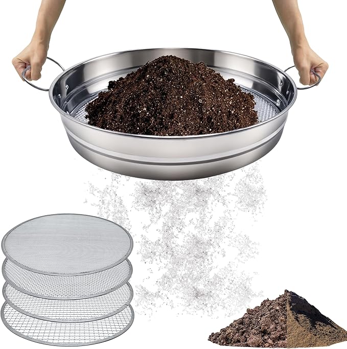 14.5“ Soil Sifter for Gardening with Handles Large Rock Sifter with 4 Replaceable ScreensCompost Sifter Dirt Sifter Captures Dirt Rocks Sawdust