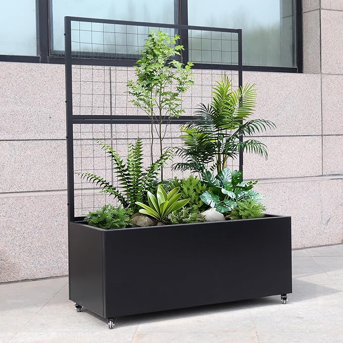 Metal Rolling Planter Box with Lattice Trellis – Modern COR-Ten Steel Trough on Casters | 66” x 46” x 21” (Black)