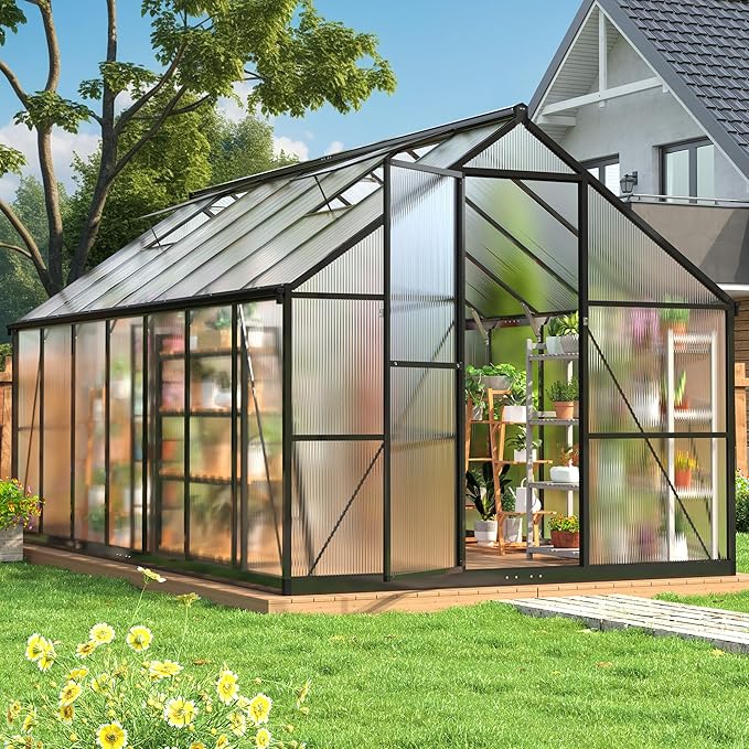 WKM Greenhouse for Outdoors 8x14 FT Walk-in Polycarbonate Greenhouse with Roof Vent and Quick Setup Structure Heavy Duty Aluminum Green House for Outsides Backyard Garden Black