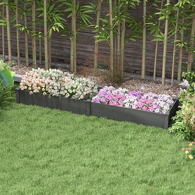 8x2ft Wooden Raised Garden Bed Kit Elevated Planter with 2 Boxes Self Draining Bottom and Liner Patio to Grow Vegetables Herbs and Flowers Gray