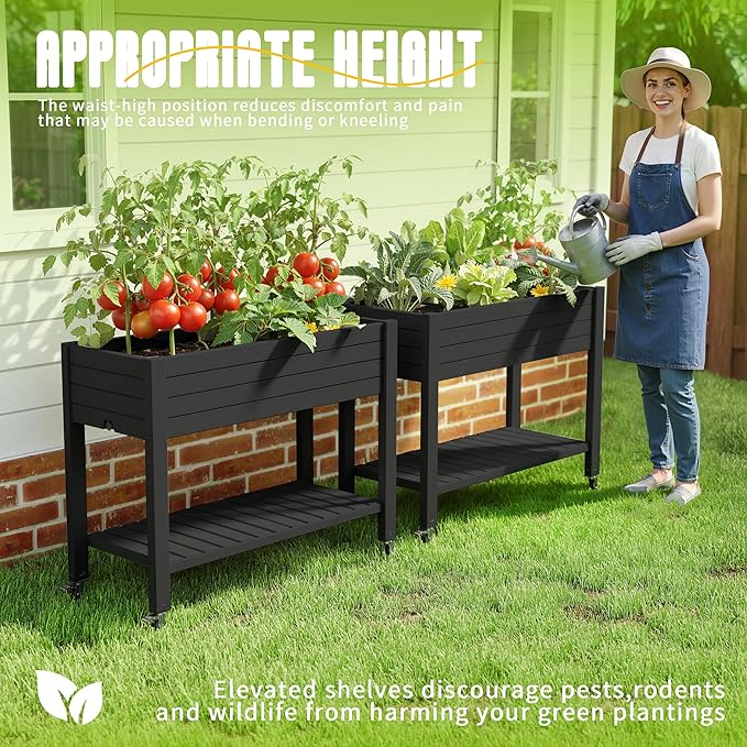 EasyUp 21 Gallon Raised Garden Bed with Legs and Wheels Raised Planter Box with Drainage Plug and Gauge Lower Shelf for Tools and Accessories Dust-Proof Resin for Patio and Backyard(Black)