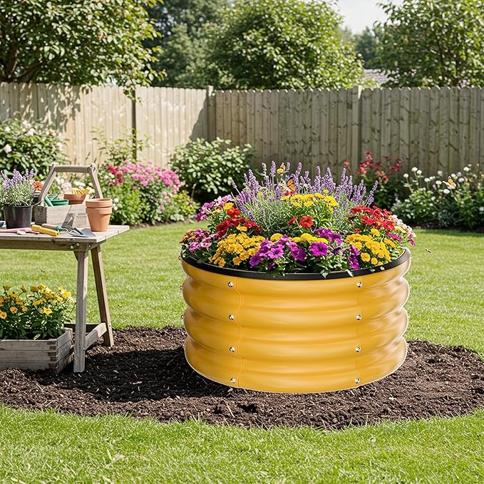 ZXZYHFTY Round Galvanized Raised Garden Bed kitYellow Outdoor Garden Raised Planter Box Round Large Metal Raised Garden Beds for Vegetable 2 * 2 * 1ft 3 Pcs