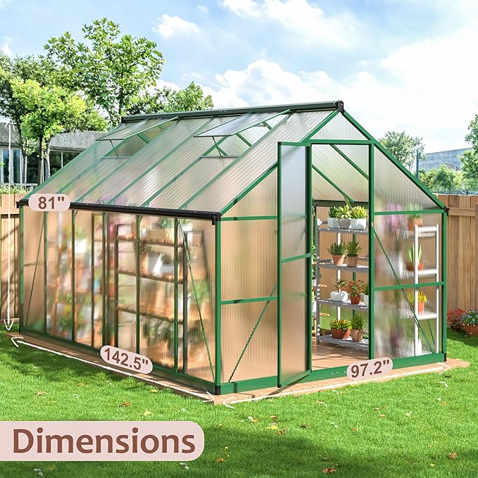 8x12 FT Greenhouse for Outdoors Quick Setup Polycarbonate Greenhouse with Roof Vent Aluminum Large Walk-in Green House for Outside Garden Backyard Green