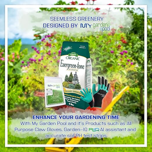 Espoma ET8 Organic Evergreen-Tone 4-3-4 8 lb with My Garden Pool PH Soil Test Strips 20 ct and My Garden Pool Gardening Claw Gloves and Garden-IQ Smart Gardening AI Assistant!