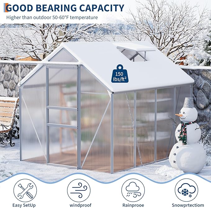 CABIHOME 6 x 6 FT Greenhouses for Outside Polycarbonate Greenhouse with Aluminum Frame Sliding Door Adjustable Roof Vent Backyard Green Houses Patio Garden Black (Silver 6x8 FT)