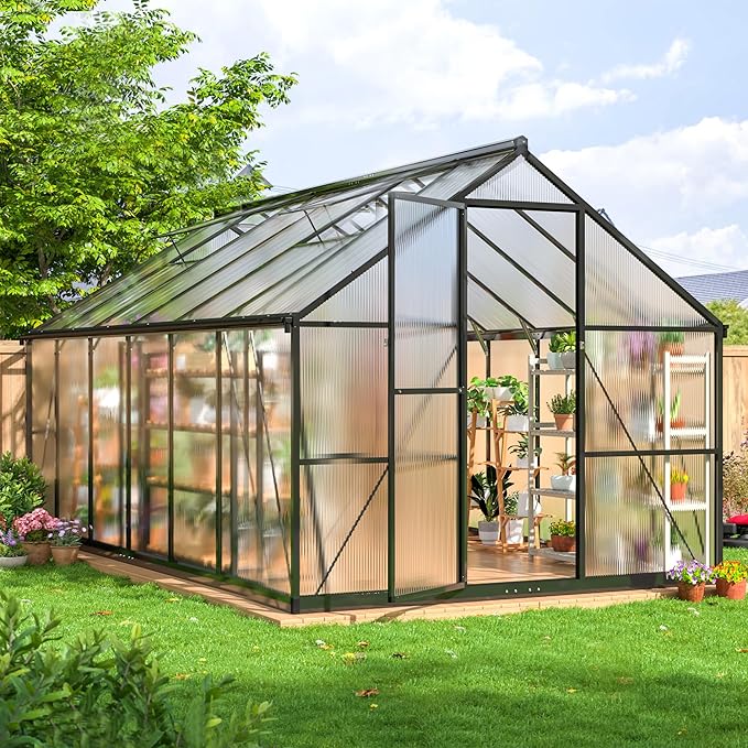 8x12 FT Greenhouse for Outdoors Quick Setup Polycarbonate Greenhouse with Roof Vent Aluminum Large Walk-in Green House for Outside Garden Backyard Black