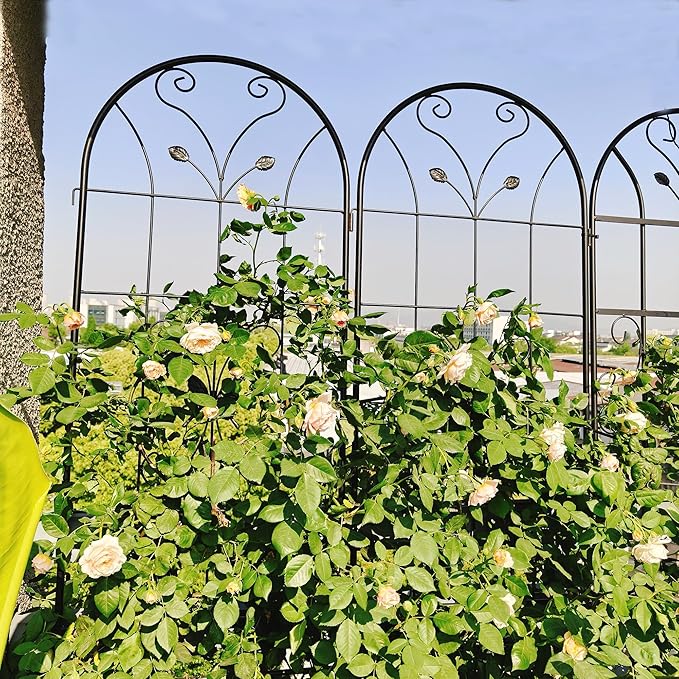 Garden Trellis for Climbing Plants - 4 Pack Metal Flower Support Rustproof Outdoor Plant Trellis 86.7x19.7 Inch - Decorative Arched Design with Floral Patterns for Yard Partition &amp Wall Green