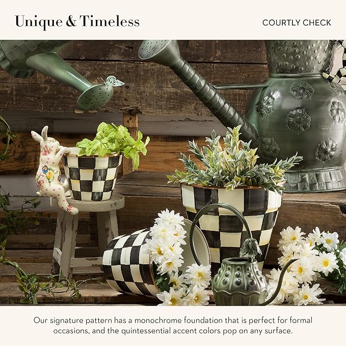 MACKENZIE-CHILDS Enamel Garden Pot Planting Pot for Plants and Flowers Small Black-and-White Courtly Check