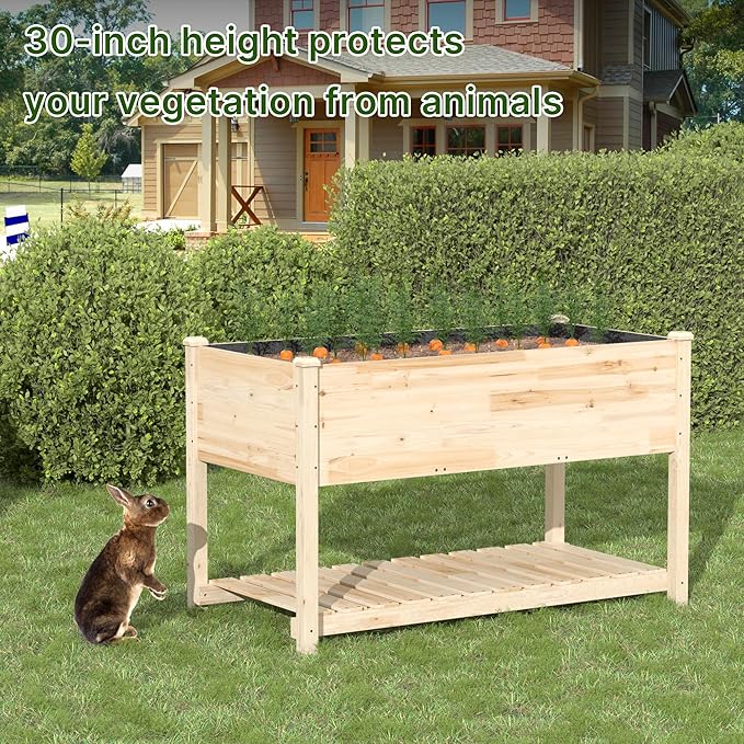 Raised Garden Bed with Legs 47.2x23.6x30in Wooden Raised Garden Box with Bed Liners Storage Shelf for Outdoor Garden Patio Elevated Wood Planter for Vegetables Fruits Flowers