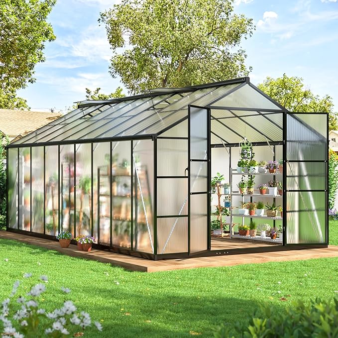 WKM 10x18 FT Greenhouse for Outdoors Walk-in Polycarbonate Greenhouse with Quick Setup Structure and Roof Vent Heavy Duty Green House for Outside Garden Backyard Black