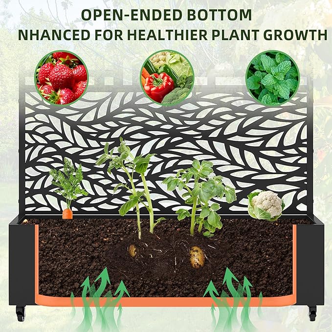 Casaphoria Metal Raised Garden Bed with Trellis and Wheels 72x47x16 Planter Box for Climbing Plants Vegetables &amp Vines Features Drainage Holes and Privacy Screen Black(Spring&ampHelen)