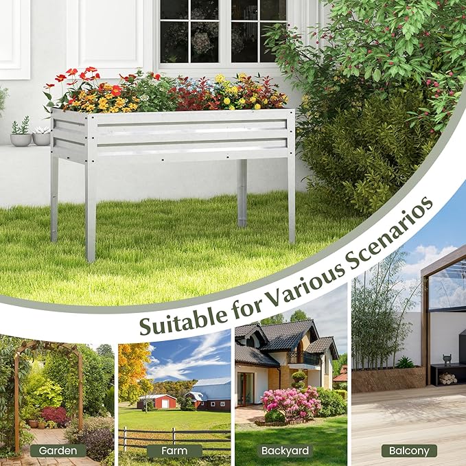 HAPPYGRILL Raised Garden Bed Galvanized Garden Box with Legs Drainage Holes 2 Gloves Outdoor Planter Box for Garden Backyard &amp Patio 46”x 24” x 32” Sliver