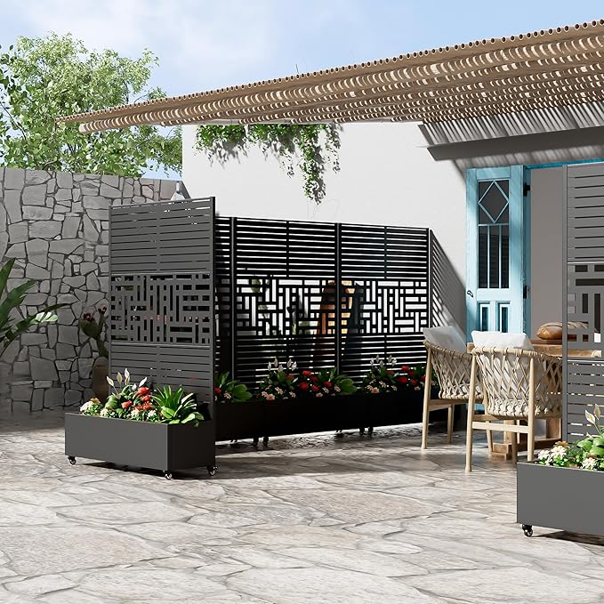 Casaphoria Metal Raised Garden Bed with Trellis and Wheels 72x47x16 Planter Box for Climbing Plants Vegetables &amp Vines Features Drainage Holes and Privacy Screen Black(Louvered&ampHelen)