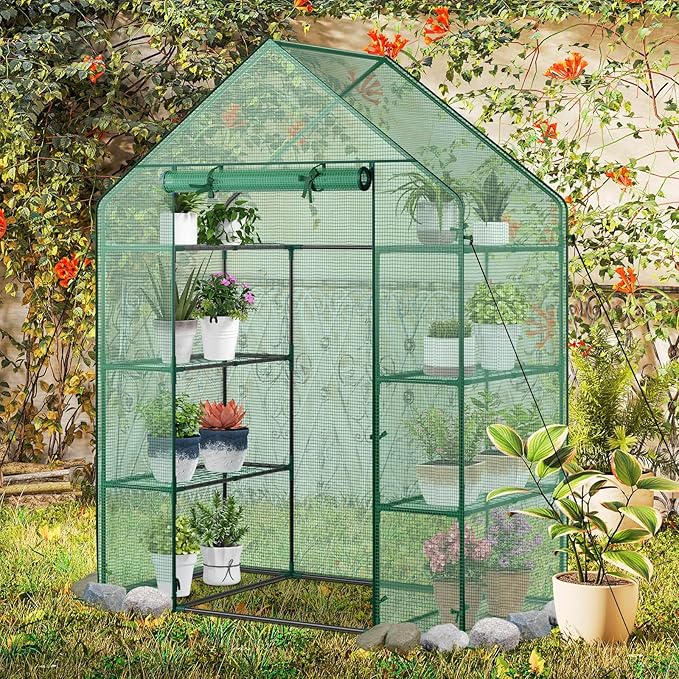 Happygrill Walk-in Greenhouse Potable Greenhouse with Roll-up &amp Zippered Door PE Cover 4 Tier 8 Mesh Shelves for Plants Herb and Flower Greenhouses for Outdoors Patio Lawn Yard 56 x 28x