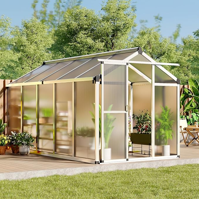 6X10 FT Greenhouse Polycarbonate Garden Greenhouse for OutdoorsAluminum Frame Green House with Lockable Door and Adjustable Roof Vent Ideal for Backyard Patio and Outside Growing