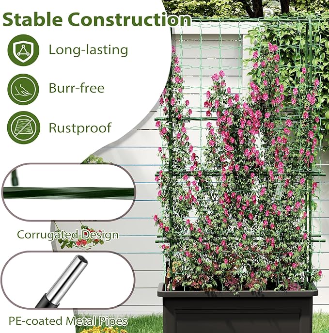 HAPPYGRILL 4-in-1 Raised Garden Bed with Climbing Trellis Self-Watering Elevated Planter with Water Level Indicator Drainage Hole Outdoor Plastic Planter Box with 4 Detachable Legs for Garden Lawn