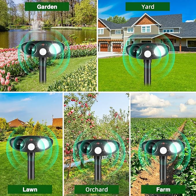 4Pack Ultrasonic Raccoon Repellent Outdoor Solar Animal Repellent with Motion Sensor&ampStrobe Light Cat Deterrent Outdoor Deer Repellent Device to Scare Skunk Squirrel Rabbit Repellent for Yard