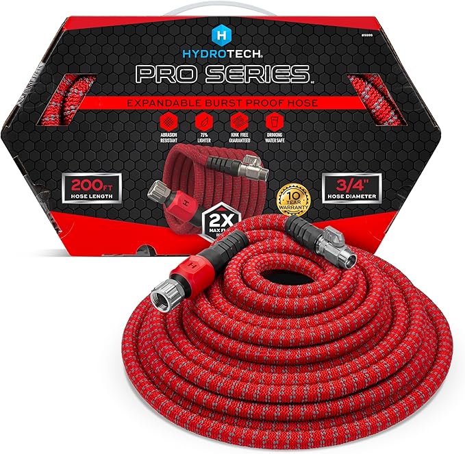 HydroTech 200 ft Expandable Garden Hose - Pro Series 2x Max Flow 3/4 No-Kink Flexibility Lightweight Hose for Lawn Garden Car Washing Deck and Patio Cleaning
