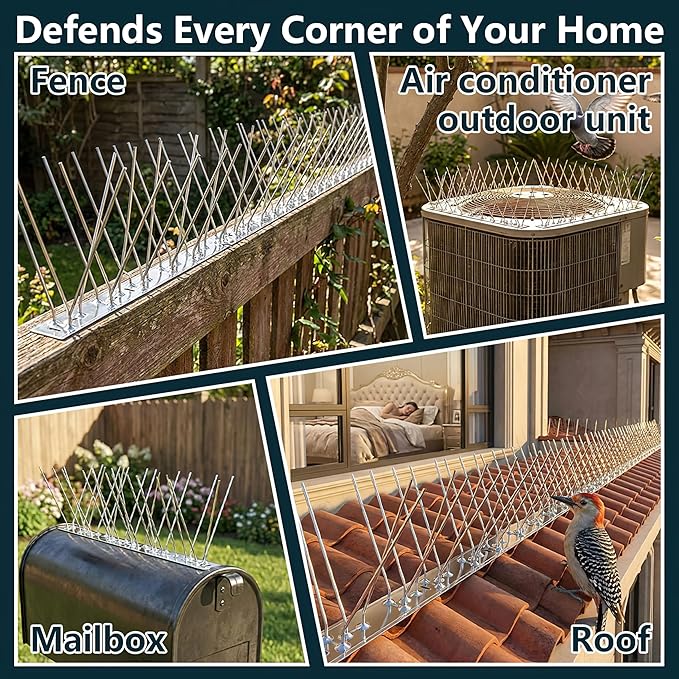 Stainless Steel Bird Spikes for PigeonsPre-AssembledAnti Bird Deterrent Spikes for Woodpeckers Squirrels RaccoonsWeatherproof Fence Spikes for Roof RailingPatio 9.84 Feet
