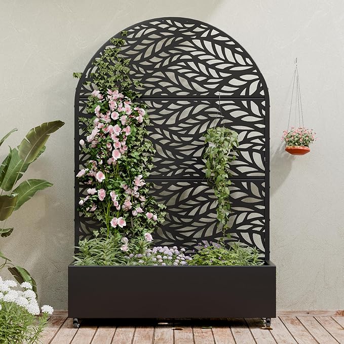 Casaphoria Metal Raised Garden Bed with Trellis and Wheels 72x47x16 Arched Planter Box for Climbing Plants Vegetables &amp Vines Features Drainage Holes and Privacy Screen (Black-Spring)