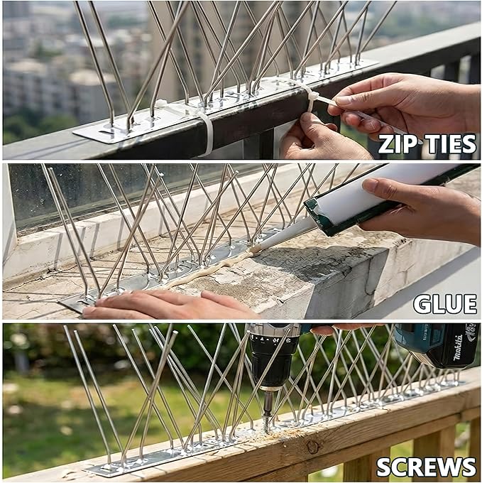 Stainless Steel Bird Spikes for PigeonsPre-AssembledAnti Bird Deterrent Spikes for Woodpeckers Squirrels RaccoonsWeatherproof Fence Spikes for Roof RailingPatio 9.84 Feet