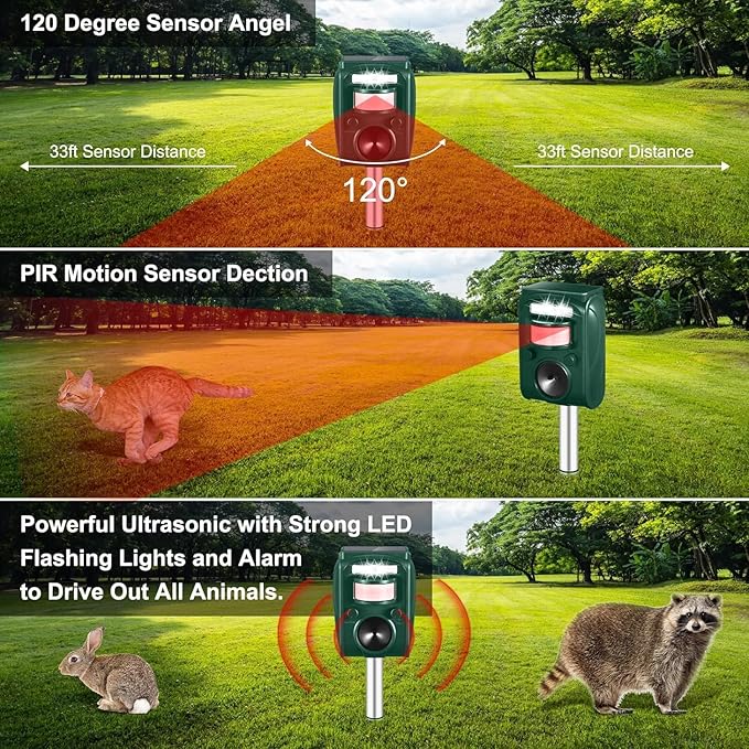 Motion Activated Animal Repellent Outdoor for Night Solar Powered Ultrasonic Repeller with LED Strobe Light IP66 Waterproof for Yard Garden Keeps Away Cats Raccoons Squirrels Dogs
