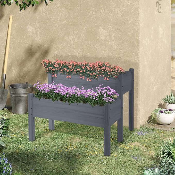34x34x28 Raised Garden Bed 2 Tier Elevated Wood Planter Box for Backyard Patio to Grow Vegetables Herbs and Flowers Gray