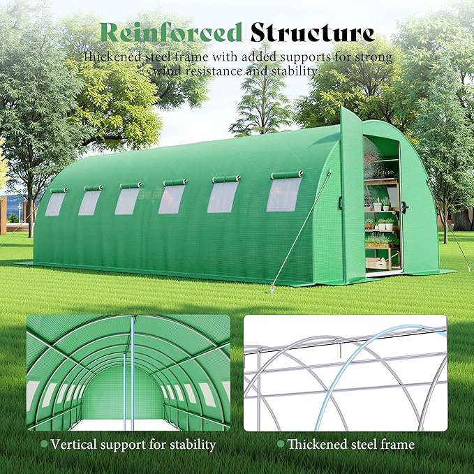 AMERLIFE 20×10 FT Tunnel Greenhouse with Built-in Sprinkler System Walk-in Greenhouse for Backyard Gardening Heavy Duty Galvanized Steel Frame &amp Waterproof PE Cover Green
