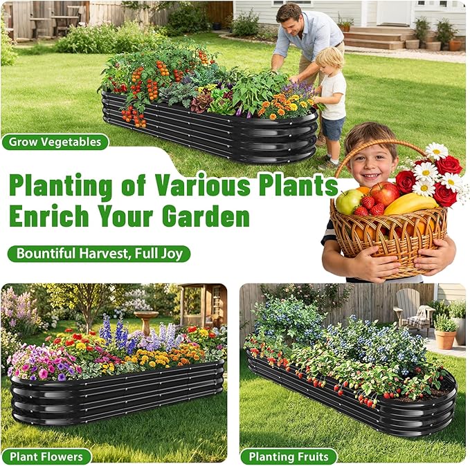 Oval Raised Garden Bed 6 x 2 x 1FT Galvanized Steel Planter Box with Wave-Shaped Metal Panels Painted for Outdoor FlowerTreeHerb &amp Vegetable Garden (Black 72X24X12 inches)