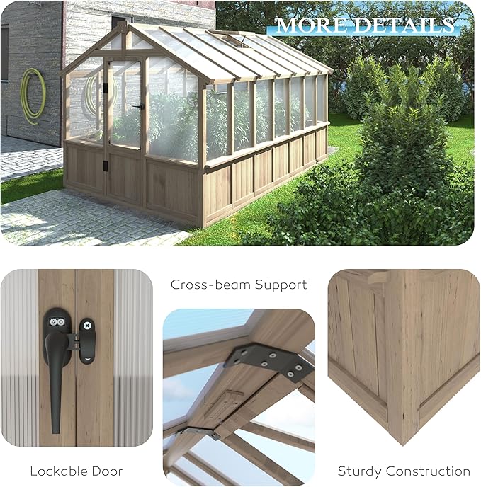 VEIKOU 8x14 FT Greenhouses for Outdoors Walk-in Wooden Greenhouse with Cedar Frame &amp Adjustable Vents Garden Green House with 6MM Thick Polycarbonate Panel for Outside Backyard Light Brown Moc