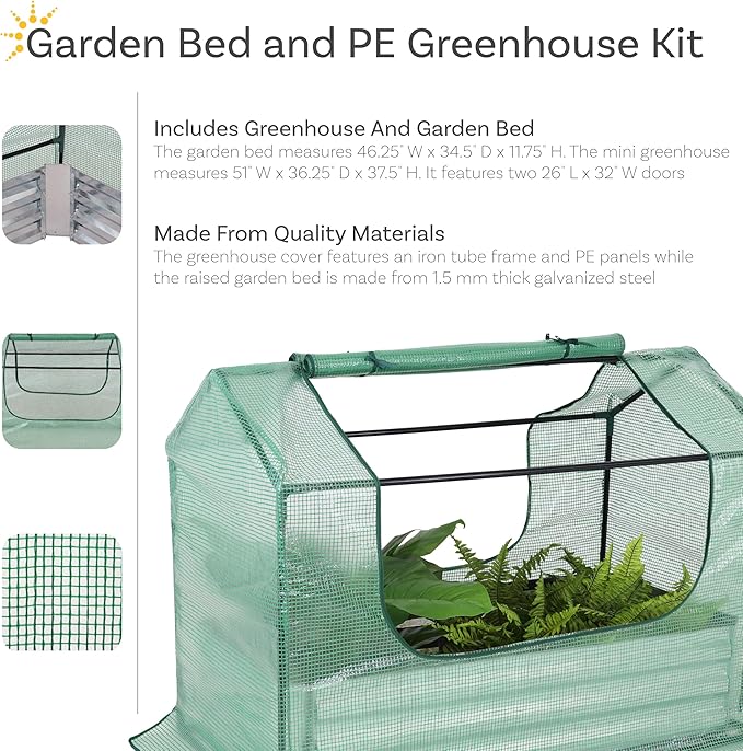 Sunnydaze Steel Raised Garden Bed with Mini Greenhouse - Outdoor Greenhouse Kit - 2 Zippered Doors - Green - 4' x 3'