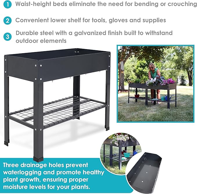 Sunnydaze Galvanized Steel Raised Garden Bed - Set of 2 Elevated Planter Boxes - Individual or Connected Use - Features Lower Storage Shelf – Dark Gray