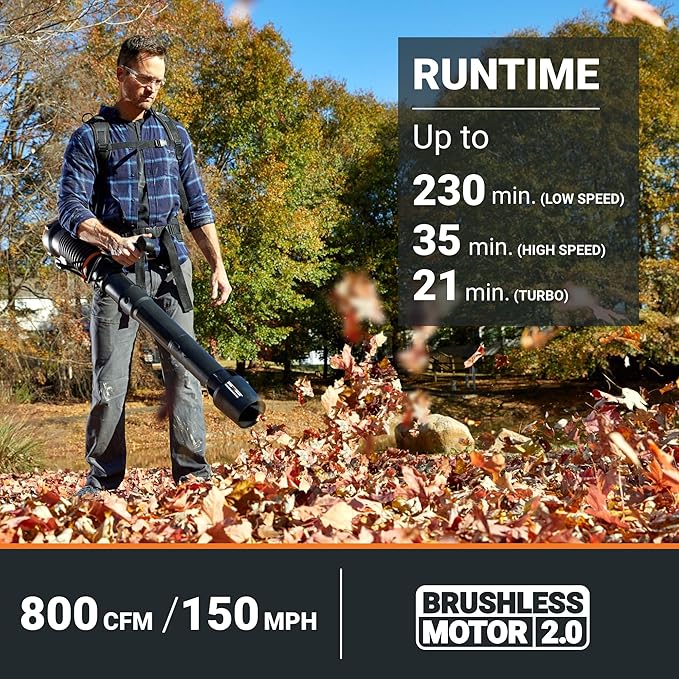 WORX Nitro WG572 80V Cordless Leaf Blower Backpack Blower with 800CFM &amp 150MPH Electric Blower for Lawn Care with Brushless Motor &amp Variable Air Control 4 Batteries &amp Basecamp Charger I