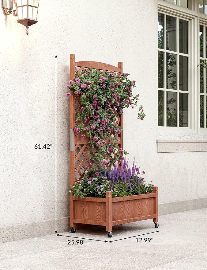 60 Inch Movable Raised Garden Bed with Trellis and Wheels Wooden Freestanding Planter Box for Climbing Plants Vegetables Flowers Outdoor &amp Indoor Natural Fir Wood