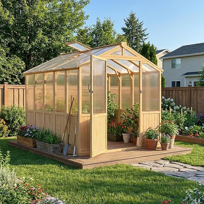 Restland 6x8 FT Wood Greenhouse for Outdoors Reinforced Frame Walk-in Greenhouses with Adjustable Roof Vents &amp Lockable Door Polycarbonate Green House for Outside