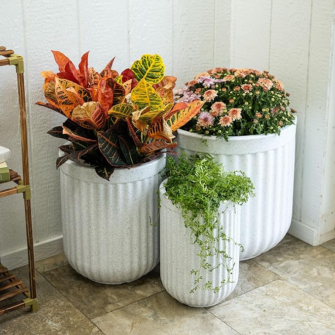 Beuta Large Planters for Outdoor Plants - Set of 3 15/18/20 Inches - USA Made - Outdoor Planters for Porch - Tall Planter for Outdoor &amp Indoor Plants | Large Indoor Plant Pot - Limewash