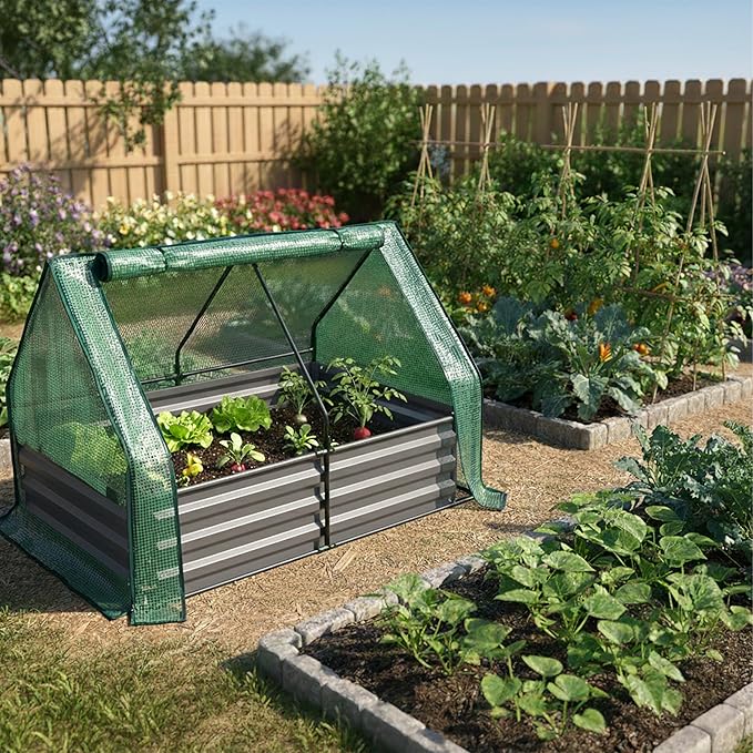Relaxdays Raised Bed with Greenhouse for Flowers Plants and Vegetables H x W x D: 92 x 125 x 95 cm Garden Plant Bed Light Grey