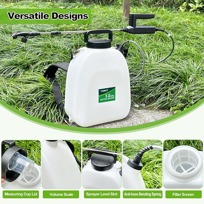 VAXMAY Battery Powered Sprayer 3.2 Gallon Backpack Sprayer with 3 Adjustable Forces Battery Indicator 5 Mist Nozzles 41 Retractable Wand USB Rechargeable Garden Sprayer for Weed Lawn Yard