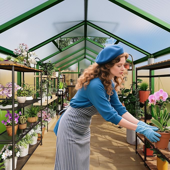 8x12 FT Greenhouse Easy Assembly Aluminum Polycarbonate Greenhouses for Outdoors with Roof Vent Large Aluminum Walk-in Greenhouse for Sunroom Patio Backyard Garden Sliding Lockable Door Green