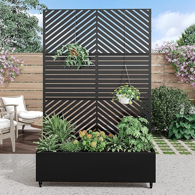 Casaphoria Metal Raised Garden Bed with Trellis and Wheels 72x47x16 Planter Box for Climbing Plants Vegetables &amp Vines Features Drainage Holes and Privacy Screen Black(Parallel&ampLouvered