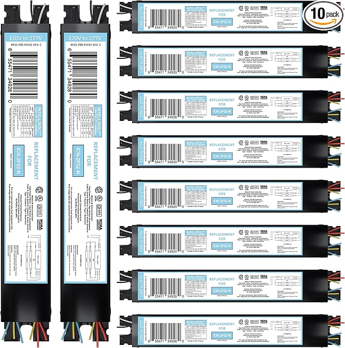 10 Pack - Replacement for ICN-4P32-SC 3 &amp 4 Lamp T8 Fluorescent Electronic Ballast - 120-277 Volt - Instant Start - UL Approved