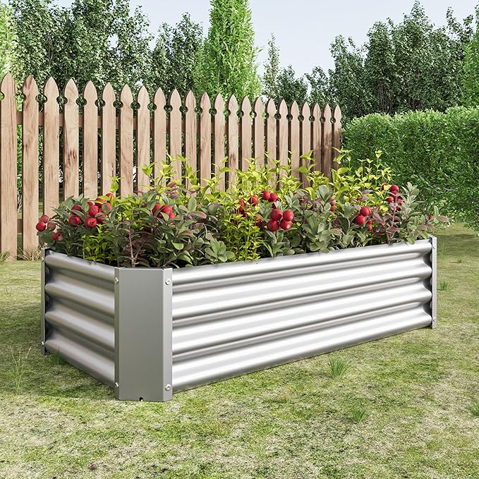 4x2x1 FT Metal Raised Garden Bed for Vegetables and Flowers Heavy-Duty Galvanized Steel Planter Box with Drainage Rust-Proof Outdoor Planting Bed for Backyard &amp Patio Silver