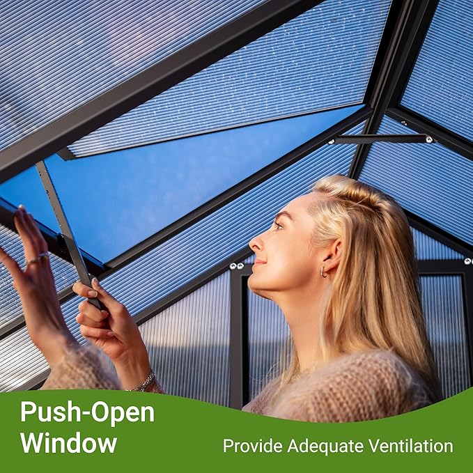 8x12 FT Greenhouse for Outdoors Quick Setup Polycarbonate Greenhouse with Roof Vent Aluminum Large Walk-in Green House for Outside Garden Backyard Black