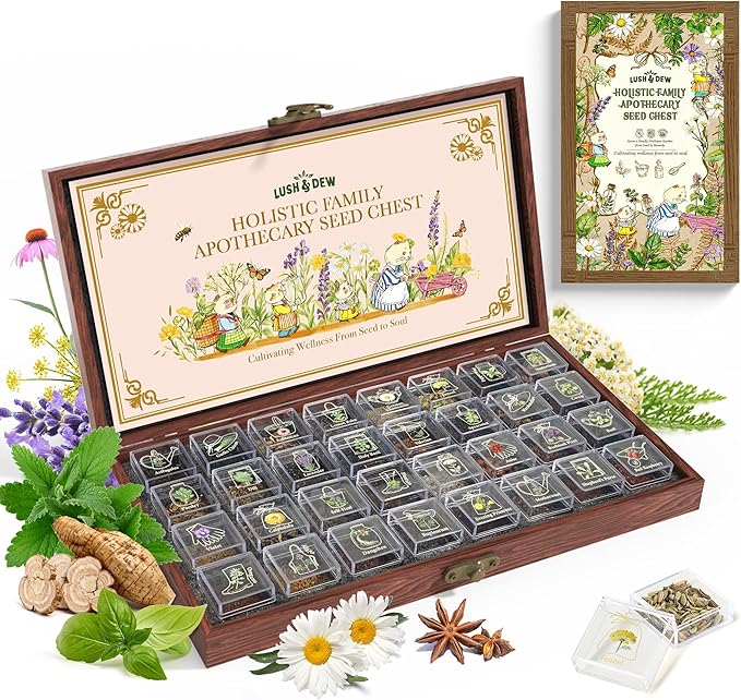 Lush&ampDew Holistic Family Apothecary Seed Chest 30000+ Medicinal Herb Survival Seed Kit Gardening Gifts for Women Men 32 Varieties Heirloom Non-GMO Culinary Herb Seeds for Raised Bed Windowsill