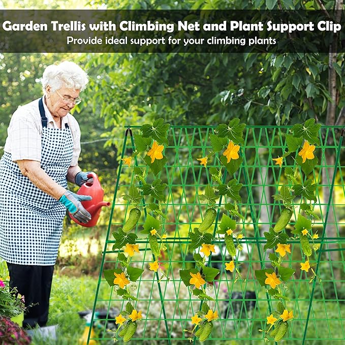 2 Packs 48 x 48 Foldable Cucumber Trellis for Raised Bed- A-Frame Garden Trellis for Climbing Plant Outdoor with Climbing Net &amp Plant Support Clip for Outdoor Plants Zucchini Vegetables Flowers