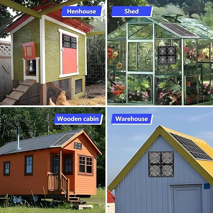 Solar Exhaust Fan for Greenhouse Solar Chicken Coop Fan with 25W Solar Panel &amp 4 Pcs High-Speed Brushless DC Ventilation Fans for ShedAtticsBarnsDog Houses with 6000mAh Battery
