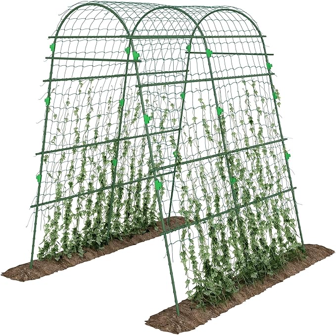 Outsunny Cucumber Trellis 6.8' Tall Arch Trellis for Climbing Plants Outdoor A-Frame with Plastic Coated Steel Frame and Climbing Net Support Vegetables Peas Fruit &amp Vines Green