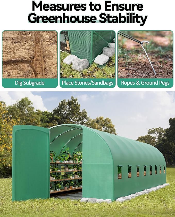 Large 27x10x7 FT Outdoor Walk-in Greenhouse with Swing Door 16 Mesh Windows Heavy-Duty Galvanized Steel Frame and Thick PE Cover Green Garden Plant House for Backyard Gardening